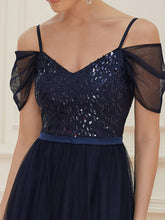 Load image into Gallery viewer, Color=Navy Blue | A-Line Sweetheart Neckline Ruffle Sleeve Tulle Bridesmaid Dress With Sequin-Navy Blue 5