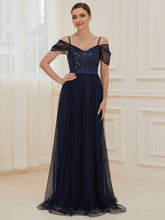 Load image into Gallery viewer, Color=Navy Blue | A-Line Sweetheart Neckline Ruffle Sleeve Tulle Bridesmaid Dress With Sequin-Navy Blue 1