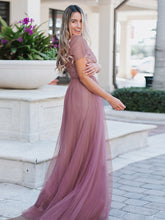 Load image into Gallery viewer, Color=Orchid | A-Line Sweetheart Neckline Ruffle Sleeve Tulle Bridesmaid Dress With Sequin-Purple Orchid 5