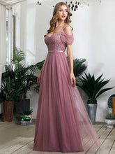 Load image into Gallery viewer, Color=Orchid | A-Line Sweetheart Neckline Ruffle Sleeve Tulle Bridesmaid Dress With Sequin-Purple Orchid 4