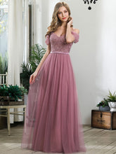 Load image into Gallery viewer, Color=Orchid | A-Line Sweetheart Neckline Ruffle Sleeve Tulle Bridesmaid Dress With Sequin-Purple Orchid 5