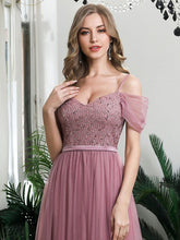 Load image into Gallery viewer, Color=Orchid | A-Line Sweetheart Neckline Ruffle Sleeve Tulle Bridesmaid Dress With Sequin-Purple Orchid 7