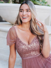 Load image into Gallery viewer, Color=Orchid | A-Line Sweetheart Neckline Ruffle Sleeve Tulle Bridesmaid Dress With Sequin-Purple Orchid 3