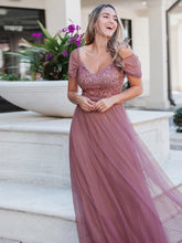 Load image into Gallery viewer, Color=Orchid | A-Line Sweetheart Neckline Ruffle Sleeve Tulle Bridesmaid Dress With Sequin-Purple Orchid 1