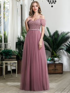 A-Line Sweetheart Neckline Ruffle Sleeve Tulle Wholesale Bridesmaid Dress EP00766