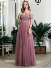Load image into Gallery viewer, Color=Orchid | A-Line Sweetheart Neckline Ruffle Sleeve Tulle Bridesmaid Dress With Sequin-Purple Orchid 7