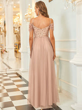 Load image into Gallery viewer, Color=Rose Gold | A-Line Sweetheart Neckline Ruffle Sleeve Tulle Bridesmaid Dress With Sequin-Rose Gold 2