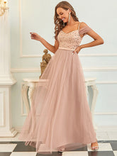 Load image into Gallery viewer, Color=Rose Gold | A-Line Sweetheart Neckline Ruffle Sleeve Tulle Bridesmaid Dress With Sequin-Rose Gold 2