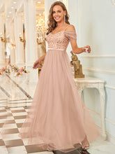 Load image into Gallery viewer, Color=Rose Gold | A-Line Sweetheart Neckline Ruffle Sleeve Tulle Bridesmaid Dress With Sequin-Rose Gold 2