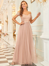Load image into Gallery viewer, Color=Rose Gold | A-Line Sweetheart Neckline Ruffle Sleeve Tulle Bridesmaid Dress With Sequin-Rose Gold 1