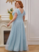 Load image into Gallery viewer, Color=Sky Blue | Double V Neck Lace Evening Dresses With Ruffle Sleeves-Sky Blue 4