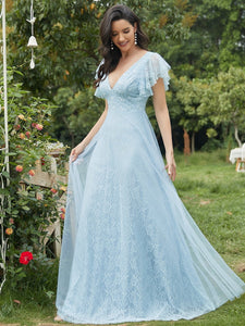 Color=Sky Blue | Double V Neck Lace Evening Dresses With Ruffle Sleeves-Sky Blue 9