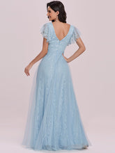 Load image into Gallery viewer, Color=Sky Blue | Double V Neck Lace Evening Dresses With Ruffle Sleeves-Sky Blue 2