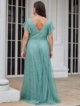 Load image into Gallery viewer, Color=Dusty blue | Double V Neck Lace Evening Dresses With Ruffle Sleeves-Dusty blue 2