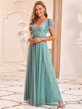 Load image into Gallery viewer, Color=Dusty blue | Double V Neck Lace Evening Dresses With Ruffle Sleeves-Dusty blue 9