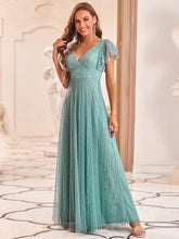 Load image into Gallery viewer, Color=Dusty blue | Double V Neck Lace Evening Dresses With Ruffle Sleeves-Dusty blue 6