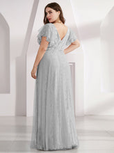 Load image into Gallery viewer, Color=Grey | Double V Neck Lace Evening Dresses With Ruffle Sleeves-Grey 7