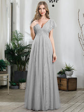 Load image into Gallery viewer, Color=Grey | Double V Neck Lace Evening Dresses With Ruffle Sleeves-Grey 4