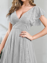 Load image into Gallery viewer, Color=Grey | Double V Neck Lace Evening Dresses With Ruffle Sleeves-Grey 5