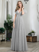 Load image into Gallery viewer, Color=Grey | Double V Neck Lace Evening Dresses With Ruffle Sleeves-Grey 1