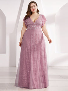 Color=Purple Orchid | Double V Neck Lace Evening Dresses With Ruffle Sleeves-Purple Orchid 11