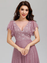 Load image into Gallery viewer, Color=Purple Orchid | Double V Neck Lace Evening Dresses With Ruffle Sleeves-Purple Orchid 10