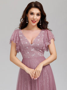 Color=Purple Orchid | Double V Neck Lace Evening Dresses With Ruffle Sleeves-Purple Orchid 10