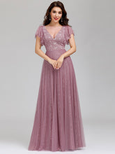 Load image into Gallery viewer, Color=Purple Orchid | Double V Neck Lace Evening Dresses With Ruffle Sleeves-Purple Orchid 6