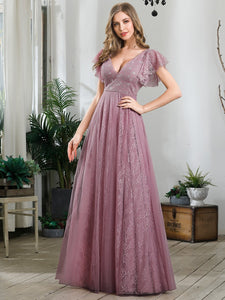 Color=Purple Orchid | Double V Neck Lace Evening Dresses With Ruffle Sleeves-Purple Orchid 1