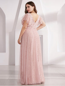 Color=Pink | Double V Neck Lace Evening Dresses With Ruffle Sleeves-Pink 2