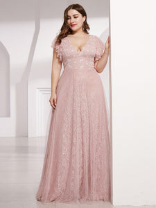 Color=Pink | Double V Neck Lace Evening Dresses With Ruffle Sleeves-Pink 4