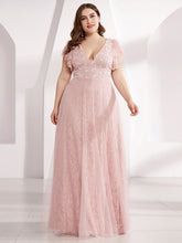 Load image into Gallery viewer, Color=Pink | Double V Neck Lace Evening Dresses With Ruffle Sleeves-Pink 1