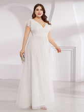 Load image into Gallery viewer, Color=White | Plus Size Double V Neck Lace Evening Dresses With Ruffle Sleeves-White 4