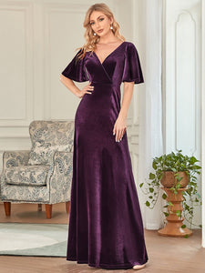 Color=Dark Purple | Elegant Double V Neck Velvet Party Dress-Dark Purple 6