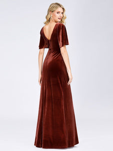 Color=Brick-red | Elegant Double V Neck Velvet Party Dress-Red 5