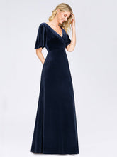Load image into Gallery viewer, Color=Navy Blue | Elegant Double V Neck Velvet Party Dress-Navy Blue 1