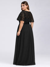 Load image into Gallery viewer, Color=Black | Sequin Print Plus Size Wholesale Evening Dresses With Cap Sleeve-Black 2