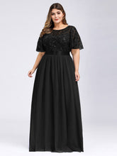 Load image into Gallery viewer, Color=Black | Sequin Print Plus Size Wholesale Evening Dresses With Cap Sleeve-Black 4