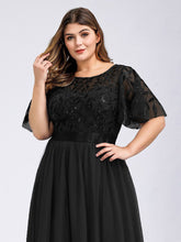 Load image into Gallery viewer, Color=Black | Sequin Print Plus Size Wholesale Evening Dresses With Cap Sleeve-Black 5