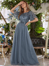 Load image into Gallery viewer, Color=Dusty Navy | Sequin Print Maxi Long Wholesale Evening Dresses with Cap Sleeve-Dusty Navy 3