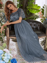 Load image into Gallery viewer, Color=Dusty Navy | Sequin Print Maxi Long Wholesale Evening Dresses with Cap Sleeve-Dusty Navy 4
