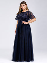 Load image into Gallery viewer, Color=Navy Blue | Sequin Print Plus Size Wholesale Evening Dresses With Cap Sleeve-Navy Blue 3