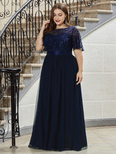 Load image into Gallery viewer, Color=Navy Blue | Sequin Print Maxi Long Wholesale Evening Dresses with Cap Sleeve-Navy Blue 5