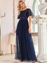 Load image into Gallery viewer, Color=Navy Blue | Sequin Print Maxi Long Wholesale Evening Dresses with Cap Sleeve-Navy Blue 3