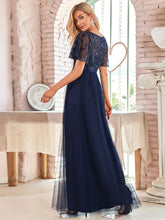 Load image into Gallery viewer, Color=Navy Blue | Sequin Print Maxi Long Wholesale Evening Dresses with Cap Sleeve-Navy Blue 2