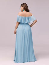 Load image into Gallery viewer, Color=Sky Blue | Women&#39;S A-Line Off Shoulder Ruffle Thigh Split Bridesmaid Dress-Sky Blue 2