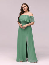 Load image into Gallery viewer, Color=Green Bean | Women&#39;S A-Line Off Shoulder Ruffle Thigh Split Bridesmaid Dress-Green Bean 3