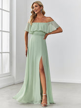 Load image into Gallery viewer, Color=Mint Green | Women'S A-Line Off Shoulder Ruffle Thigh Split Bridesmaid Dress-Mint Green 1