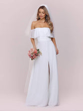 Load image into Gallery viewer, Color=White | Plain Off Shoulder Chiffon Wedding Dress With Side Split-White 6
