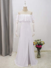 Load image into Gallery viewer, Color=White | Plain Off Shoulder Chiffon Wedding Dress With Side Split-White 9